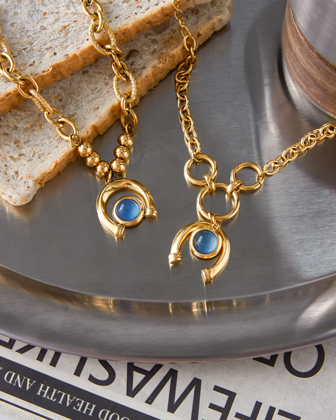 Arco Azzurro Bracelet two gold bracelet styles with blue stone details