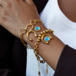 Arco Azzurro Bracelet two gold blue stone bracelets worn together