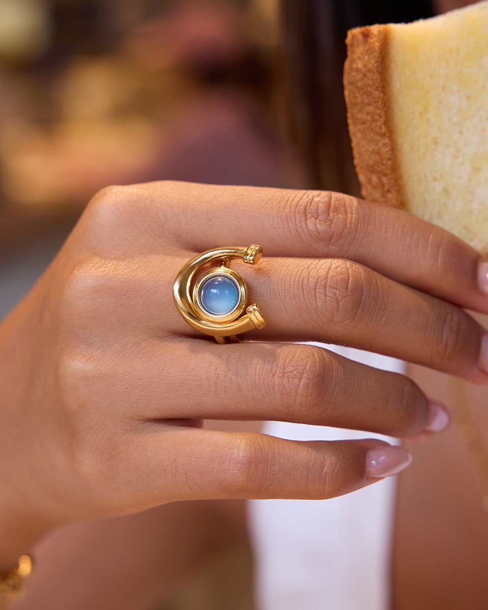 Arco Azzurro Ring Set worn together as a layered gold ring set