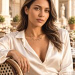 Model wearing Aurevia Necklace in a mid shot with a delicate gold chain and polished sphere details