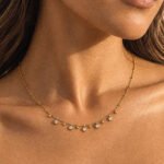 Close-up of Aurevia Necklace on model featuring polished golden spheres and subtle crystal accents