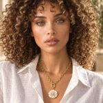 Model wearing Avelora Necklace with an elegant outfit, showing a sophisticated gold and silver-toned statement necklace