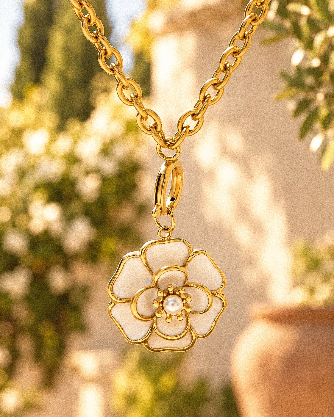 Avelora Necklace displayed in a luxury product setup with a refined background, highlighting its elegant dual-tone design