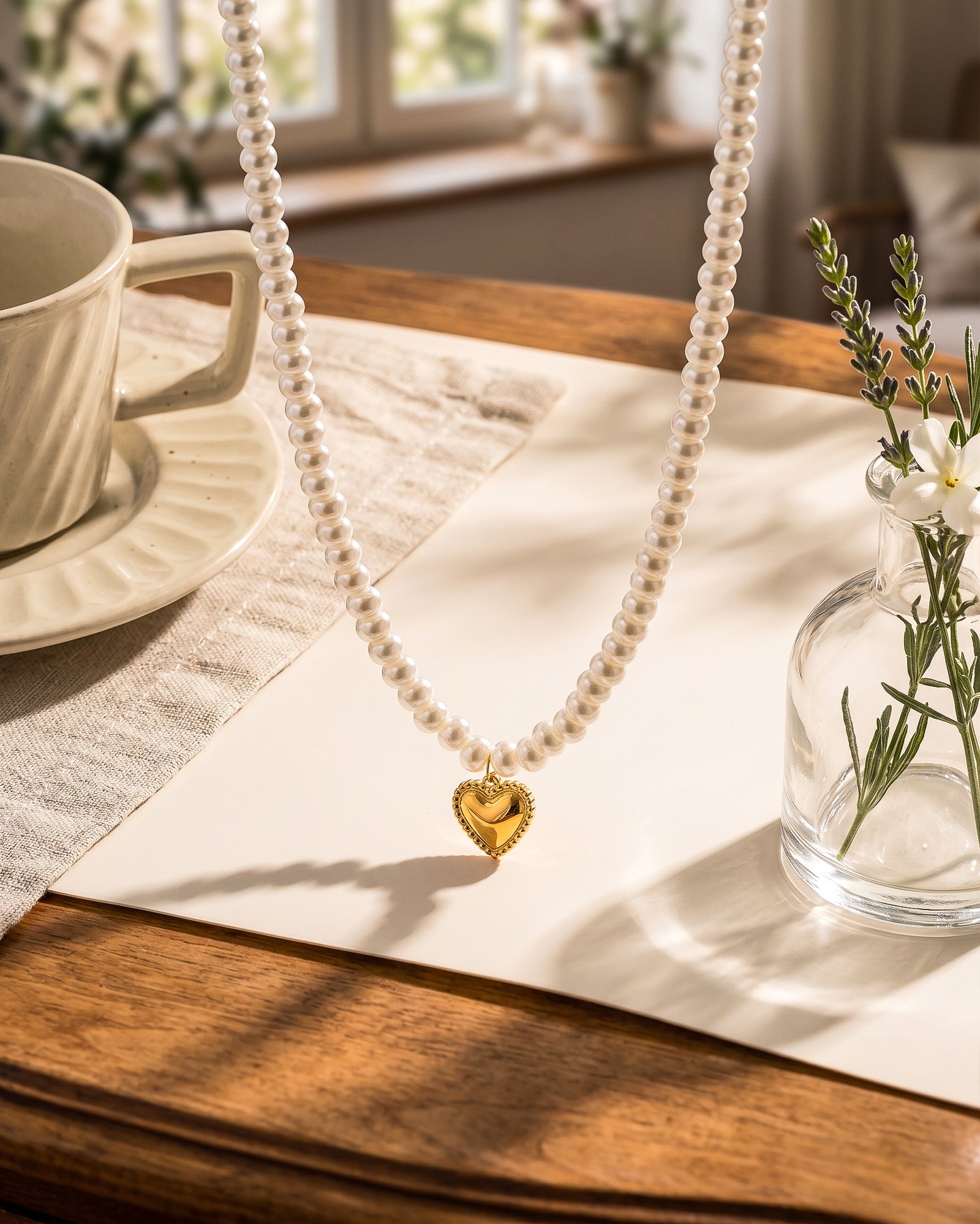 Cuore di Perla Necklace full product view with pearl-inspired beads and gold heart pendant