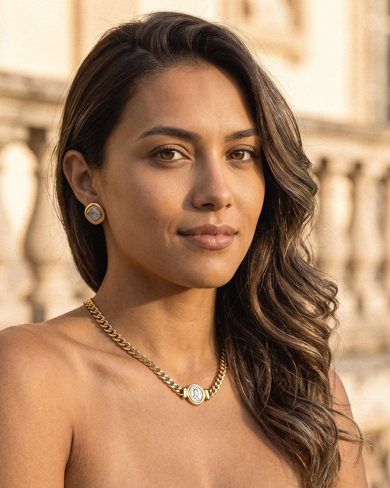 Eterna Eleganza Necklace styled on model with elegant outfit