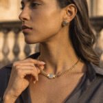 Eterna Eleganza Necklace side view on model with elegant gold necklace design