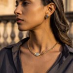 Eterna Eleganza Necklace neckline detail on model with smooth gold silhouette