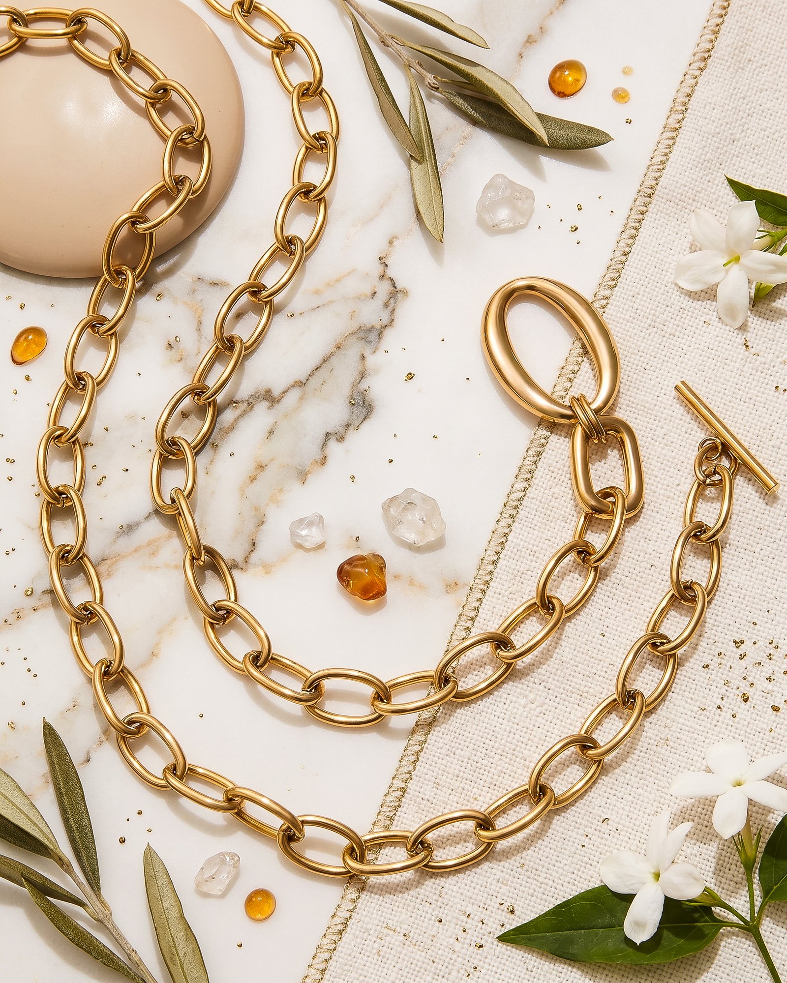 Valdora Necklace wrapped twice on a marble background