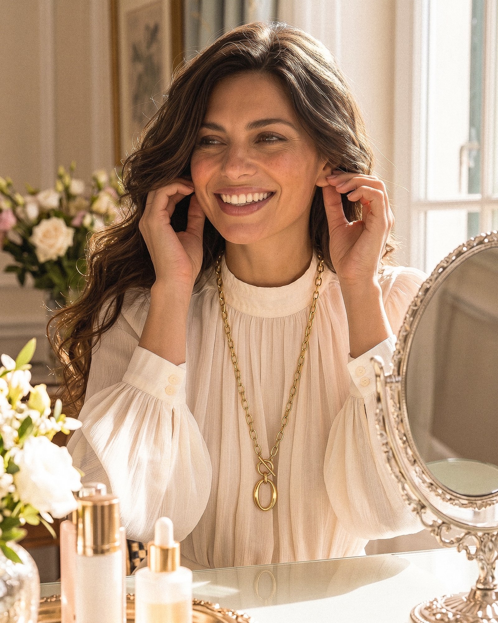 Valdora Necklace worn unfolded on model in a clean front-facing portrait