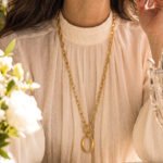 Valdora Necklace worn long on model with a sleek single-chain statement look