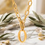 Close-up of Valdora Necklace chain links on a marble background