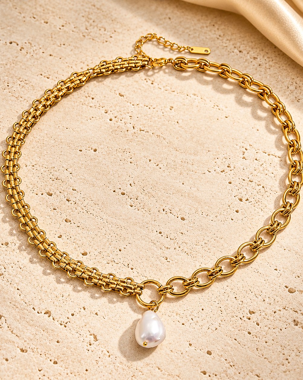 Valeria Necklace main product image with mixed chain design and pearl-inspired pendant