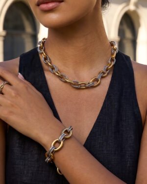 Regia Trama Collection close-up on model with matching necklace and bracelet