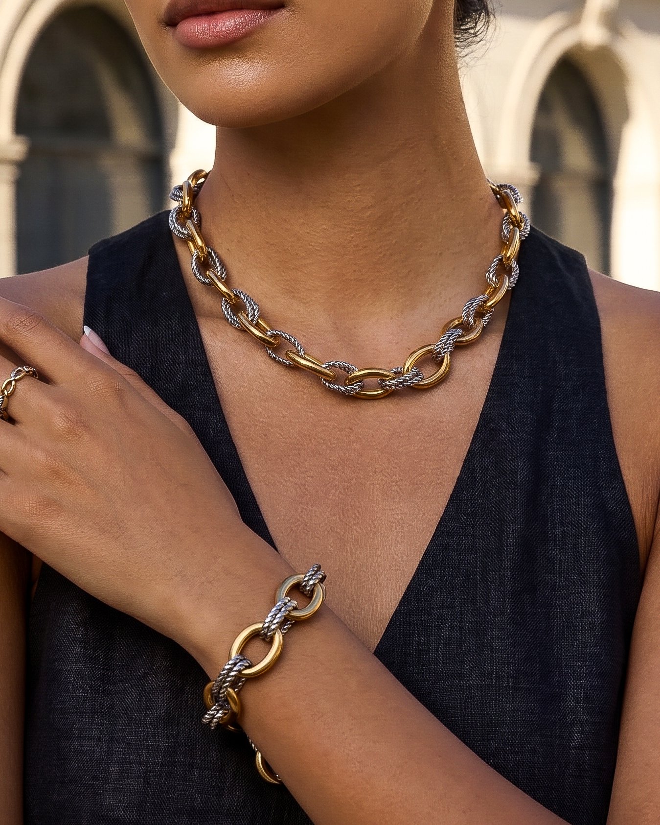Regia Trama Collection close-up on model with matching necklace and bracelet