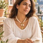 Marina Alba Necklace worn by model with white shell-inspired beads and gold sea charms