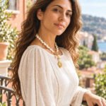 Side view of Marina Alba Necklace on model with coastal shell details and gold accents