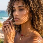 Side-angle view of model wearing Seravelle Necklace with red bead chain, coin charm, and shell pendant