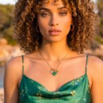 Close-up of Veralia Duo Necklace on model showing green clover charms and layered necklace details
