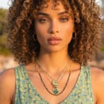 Woman wearing Veralia Duo Necklace with layered green and gold clover details