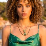 Veralia Duo Necklace styled on model with elegant outfit and green gold layered jewelry