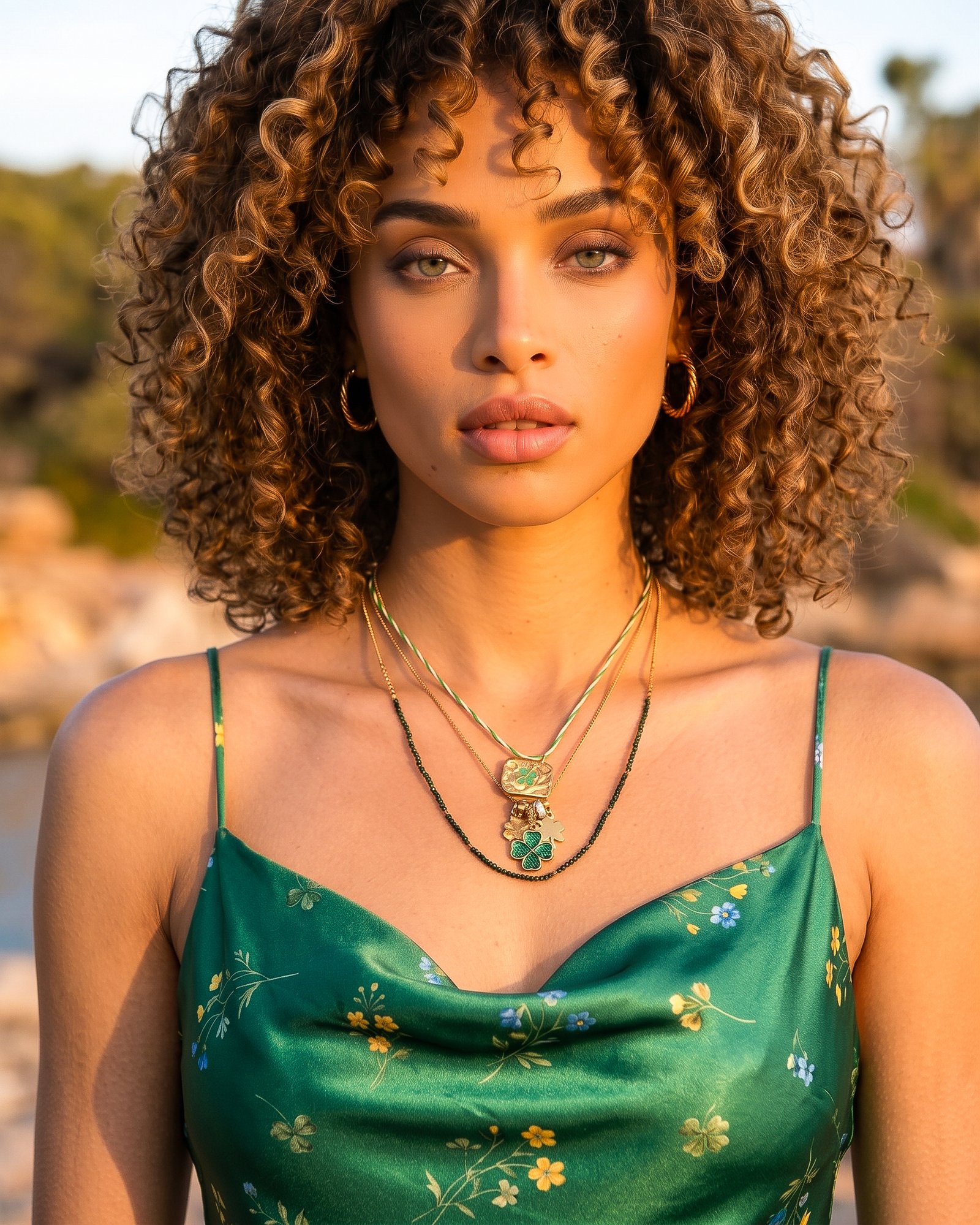 Veralia Duo Necklace styled on model with elegant outfit and green gold layered jewelry