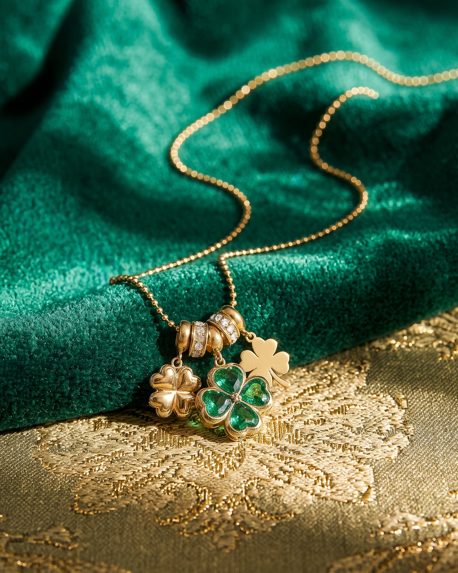 Flat lay of Veralia Duo Necklace with green beads golden clover charms and pendant details