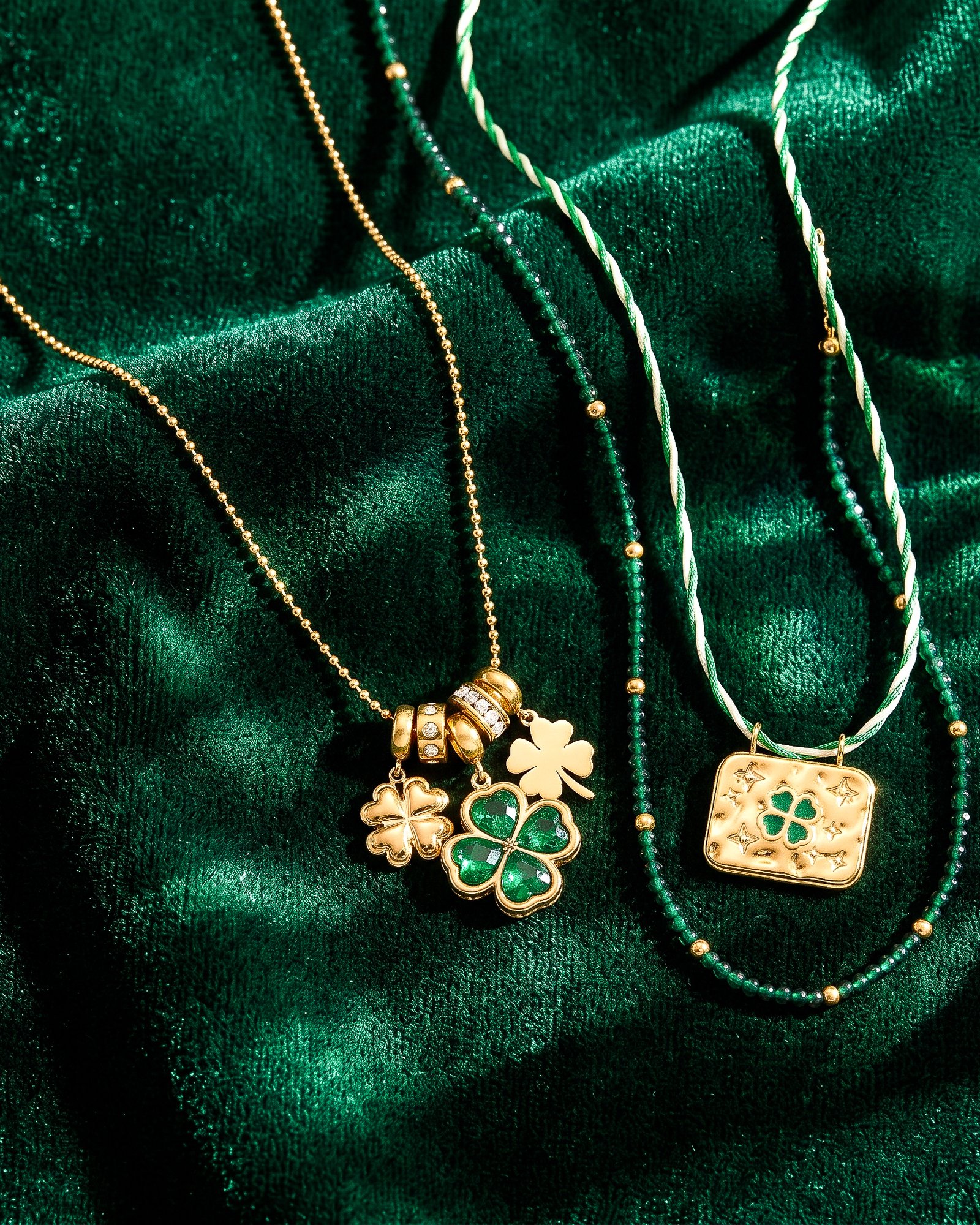 Veralia Duo Necklace displayed on background showing both coordinated green and gold necklaces