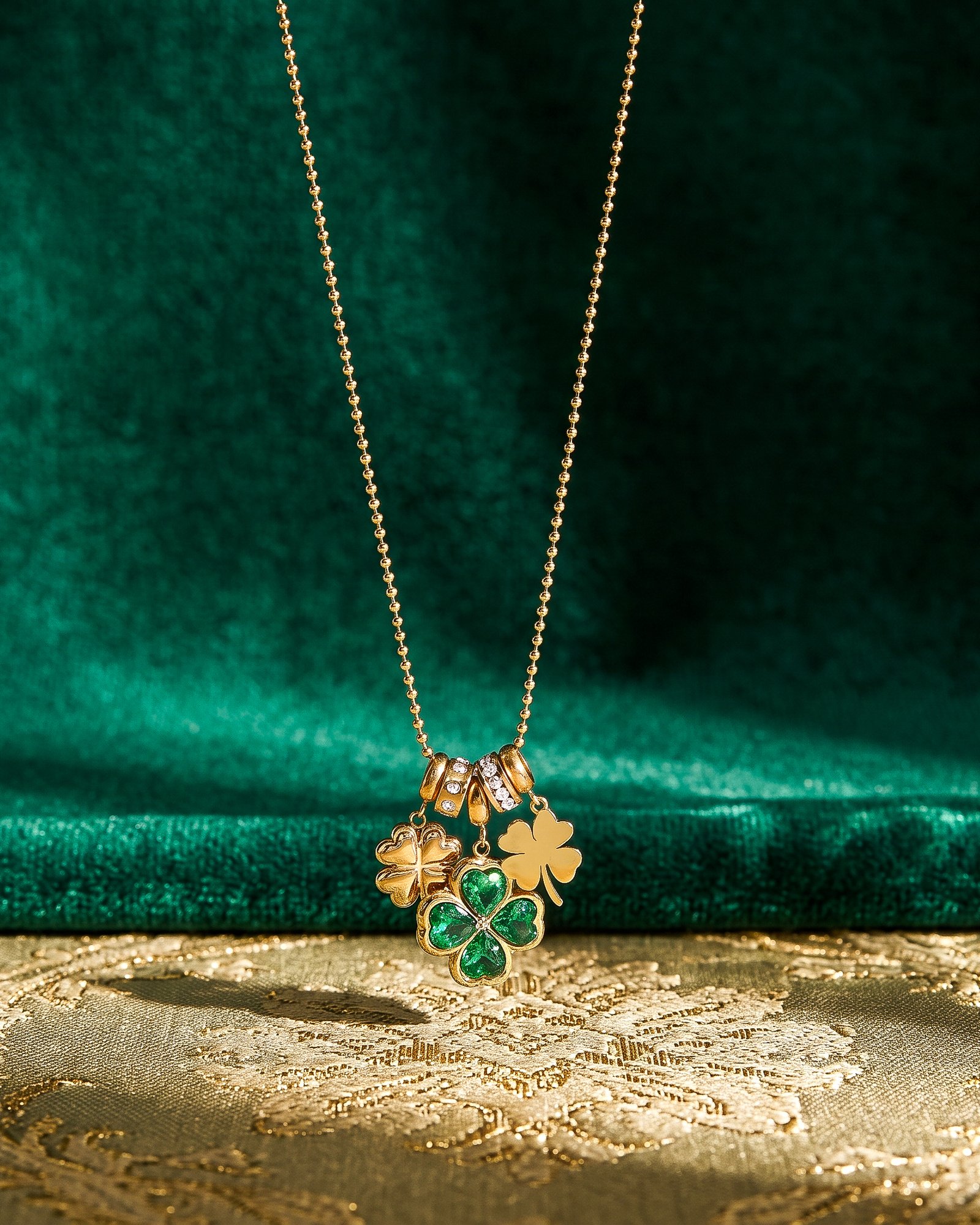 Close-up of Veralia Duo Necklace gold pendant with green clover and green bead details