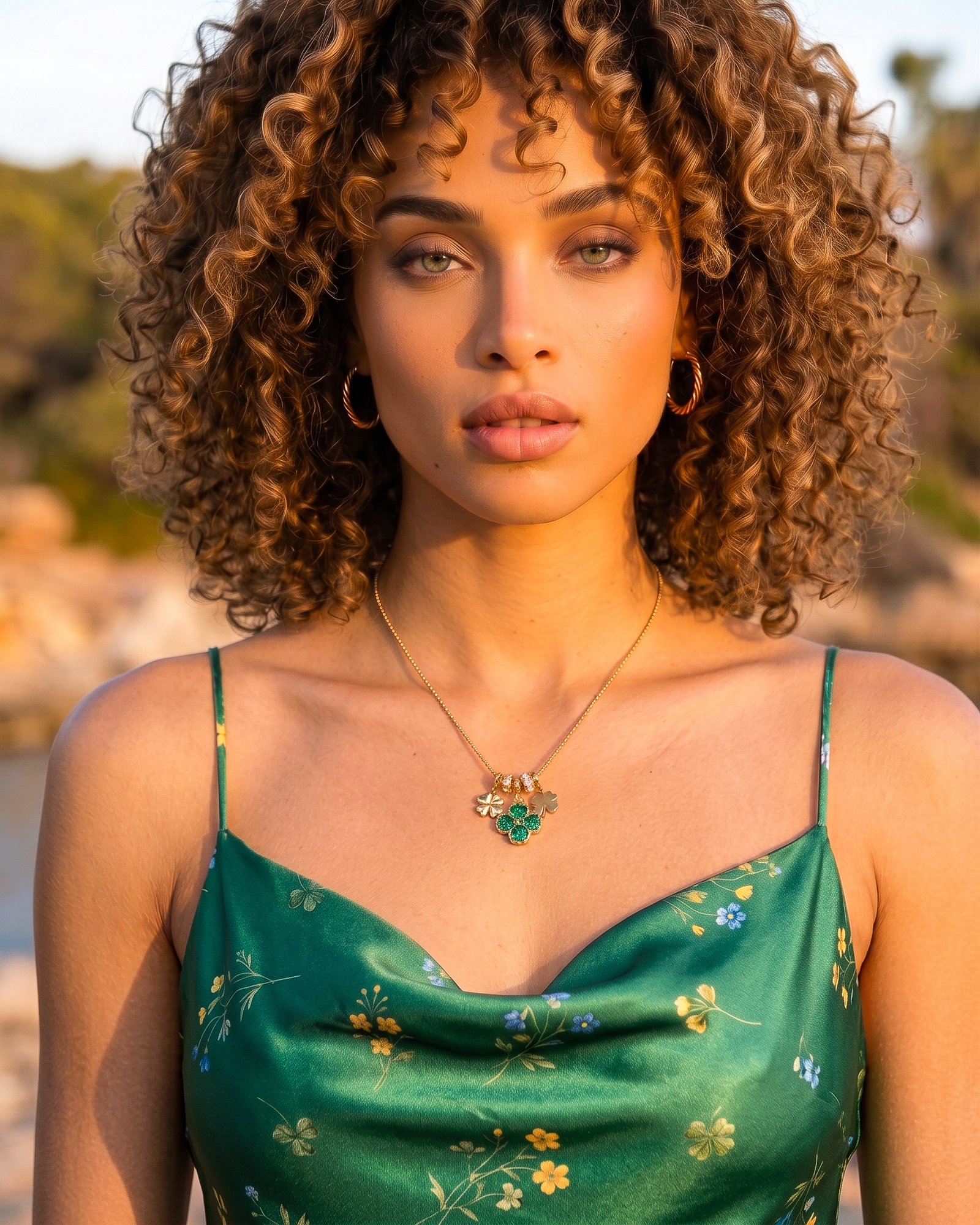 Close-up of Veralia Duo Necklace on model showing green clover charms and layered necklace details