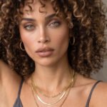 Elvara Necklace on model front view with elegant layered gold chains