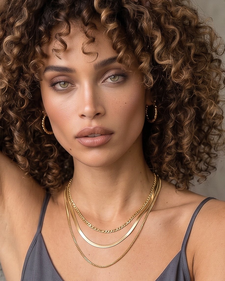 Elvara Necklace on model front view with elegant layered gold chains
