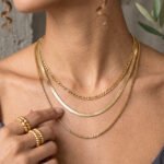 Close-up of Elvara Necklace on model showing layered gold chain details