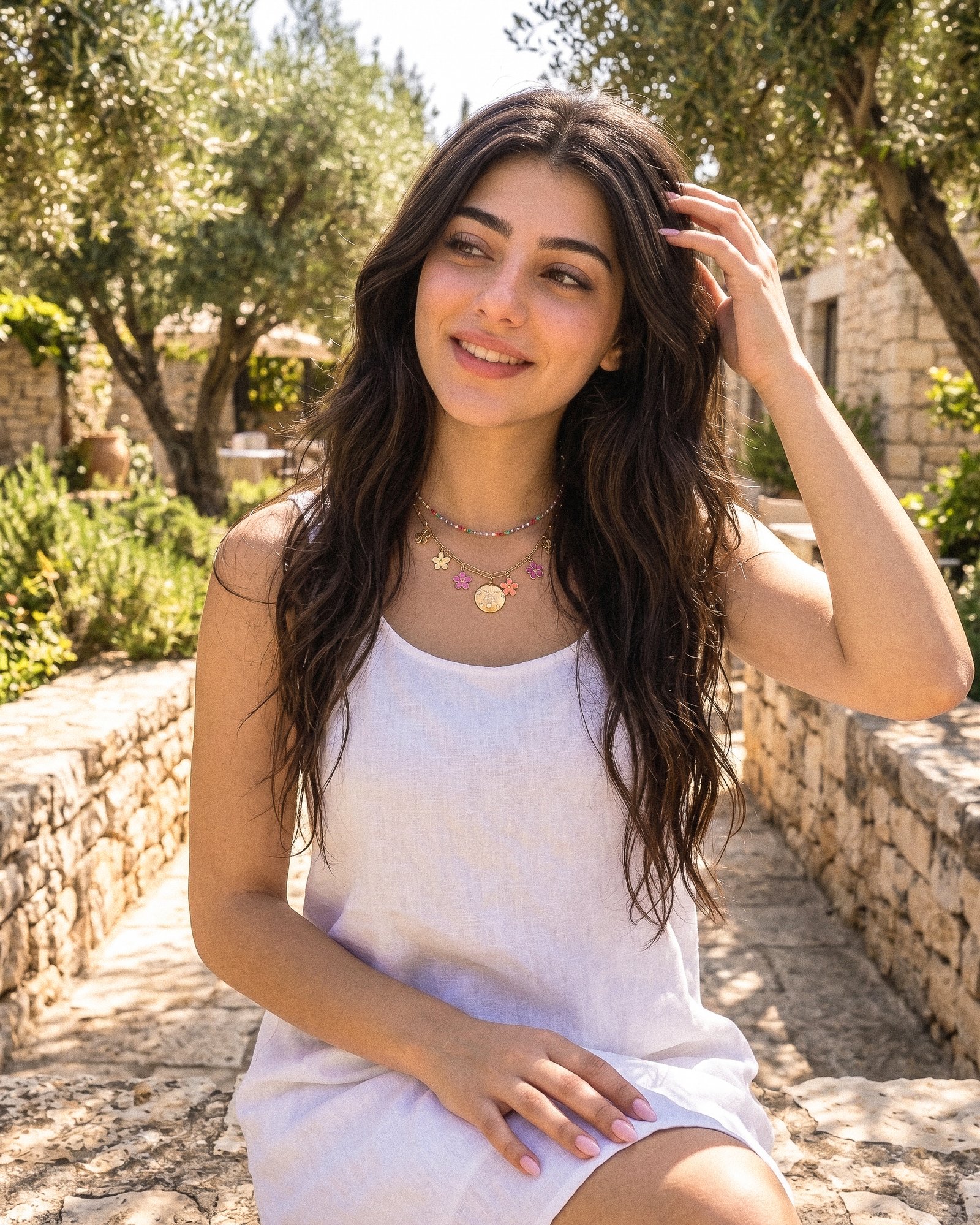 Model wearing Fiori Solari Necklace with colorful flower charms and gold paperclip links in a half-body fashion shot