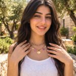 Fiori Solari Necklace worn by a model, featuring a gold paperclip chain with colorful floral charms and a central medallion pendant