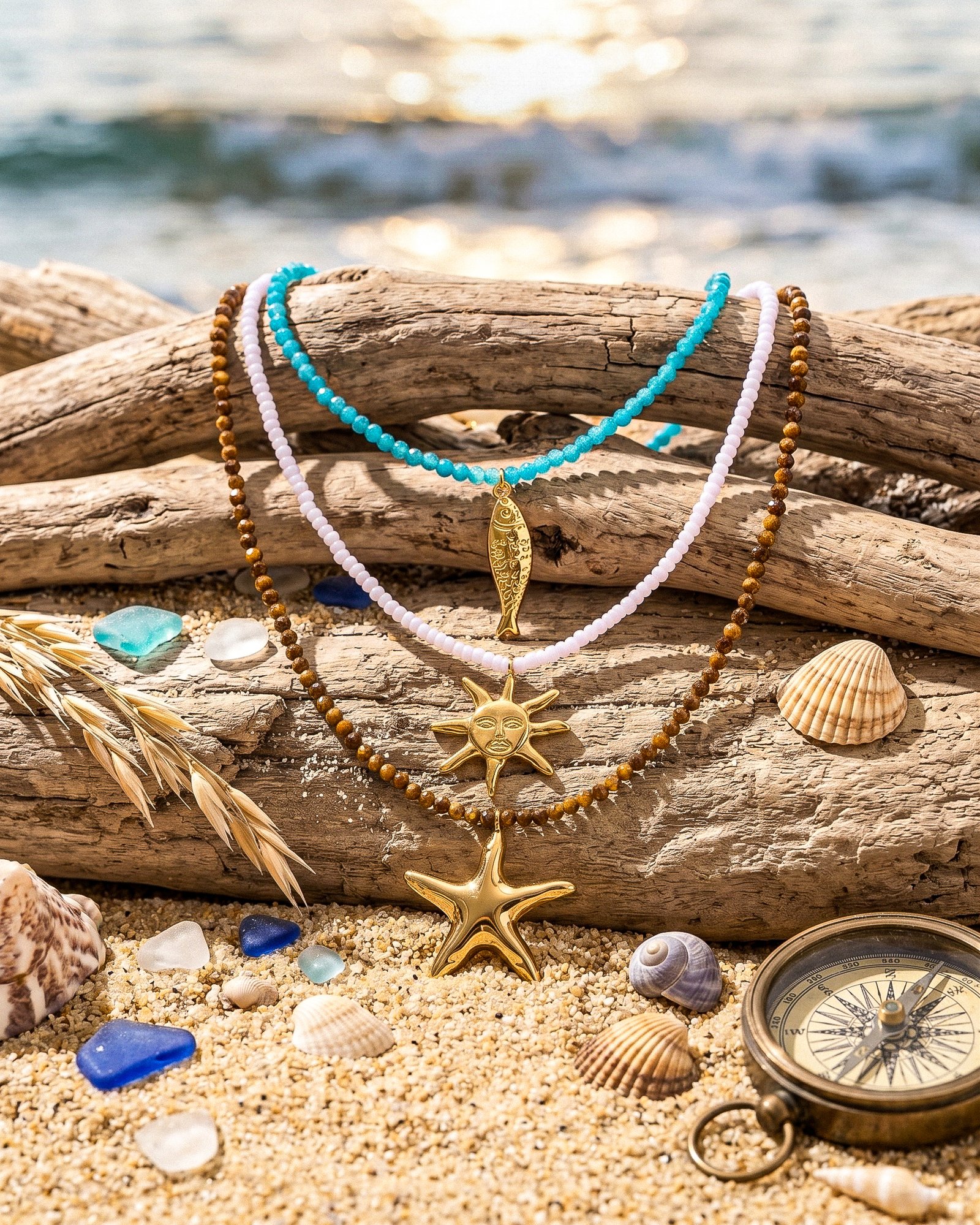 All three Mare Amuleti Necklaces styles displayed on background including Pesce Azzurro, Sole Bianco, and Stella Terra