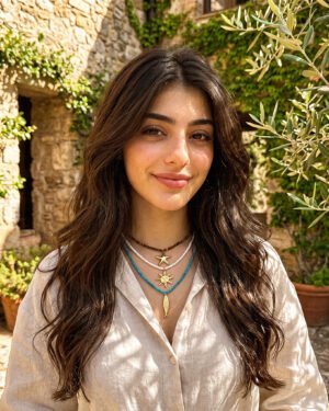 Model wearing all three Mare Amuleti Necklaces designs including Pesce Azzurro, Sole Bianco, and Stella Terra