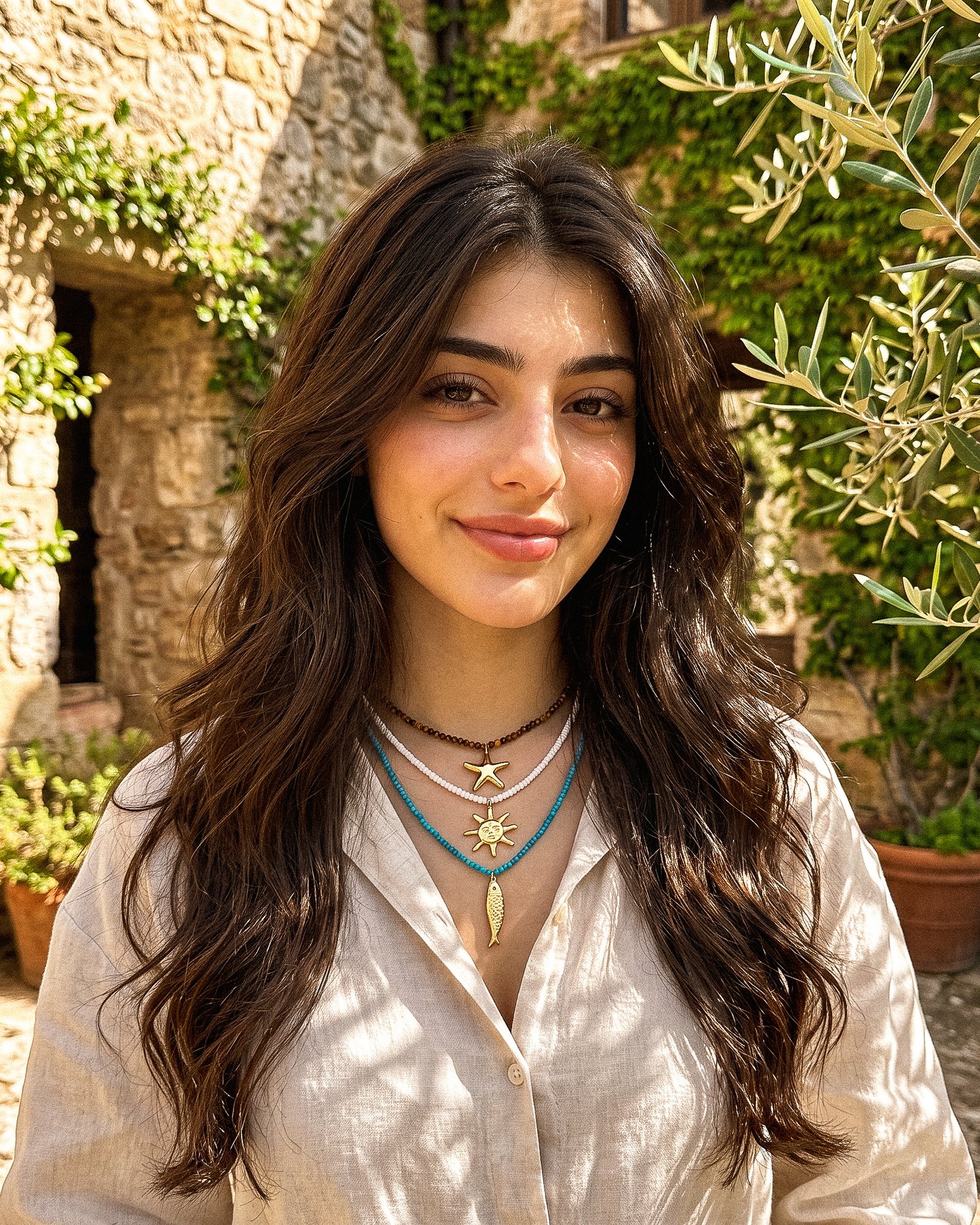 Model wearing all three Mare Amuleti Necklaces designs including Pesce Azzurro, Sole Bianco, and Stella Terra
